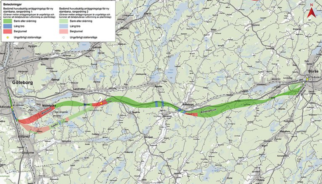 Trafikverkets förslag till tågkorridor för en ny järnväg mellan Göteborg och Borås  Karta: Trafikverket