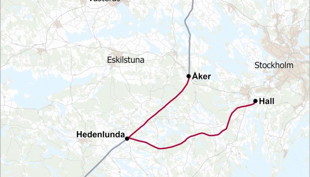 I rött: Åker-Hedenlunda och Hall-Hedenlunda som startar upp nu. I grått: Hamra-Åker och Hedenlunda-Glan som pågår sedan hösten 2024. Pressbild: Svenska Kraftnät