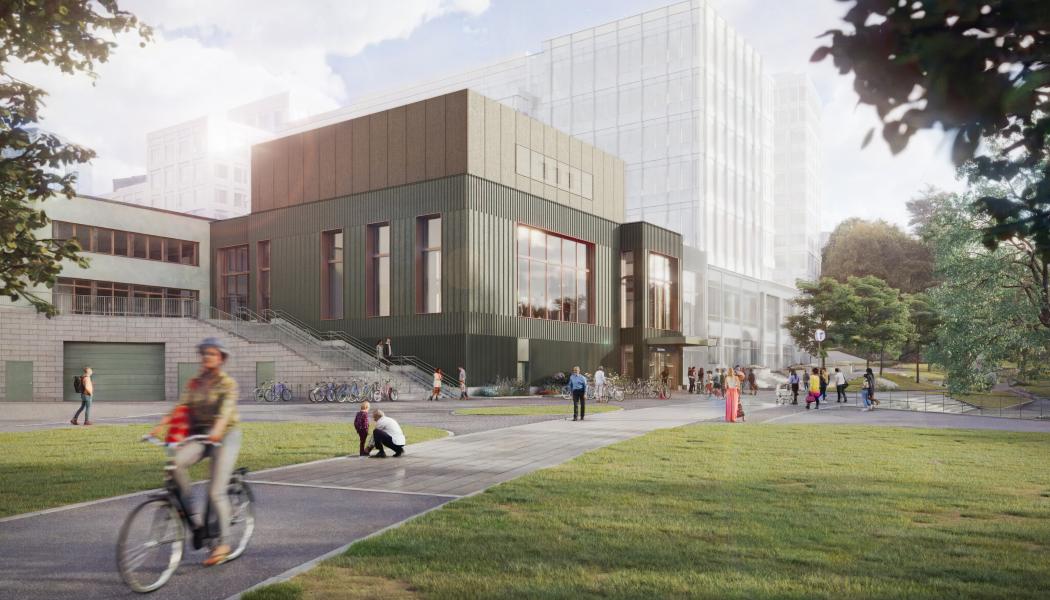 Visionsbild av entré till Gul linje i Trekantsparken i Liljeholmen. Bild: Region Stockholm/Sweco