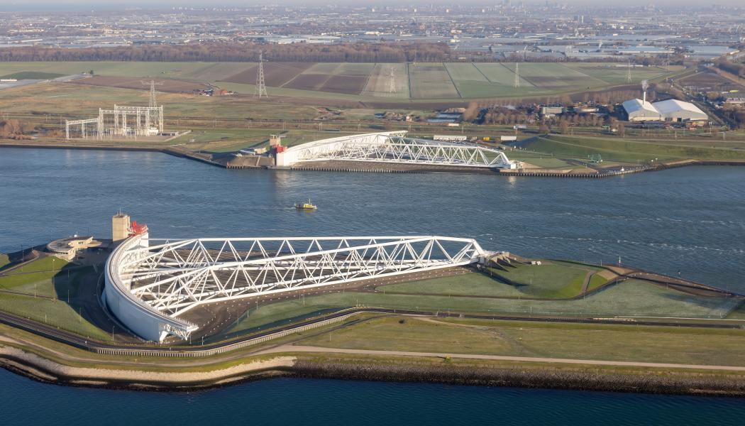 Maeslantbarriären, en enorm stormflodsbarriär som skyddar Rotterdam. Fotograf: Getty Images