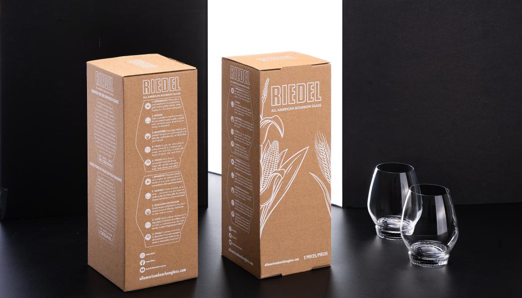 Mondi produces innovative brown paper packaging with white digital printing for Riedel Glas. Photo: Mondi