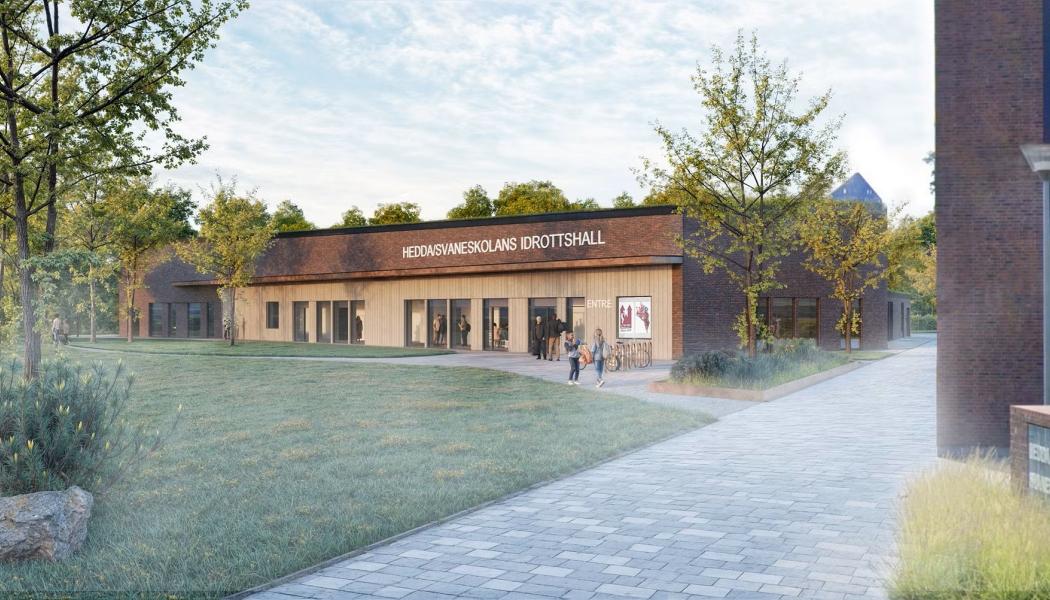 Gestaltningsskiss av planerad idrottshall i kvarteret Pastor Svane 1. Illustration: View Arkiteker