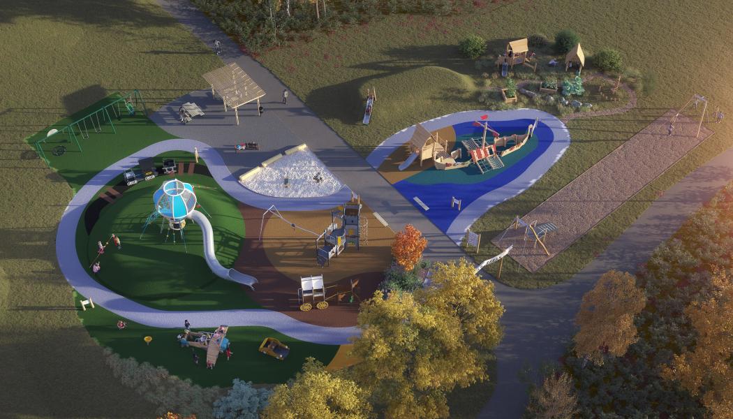 Till synes svävande i mitten av lekplatsen finns en stor luftballong som för tankarna till klassiska upptäcktsfärder. Visionsbild: Kompan