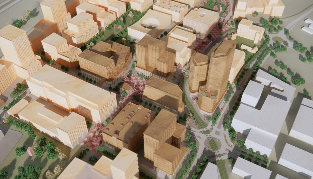 Science Village sett från söder. Husen som ingår i planförslaget i mörkare färger. 
Illustration: Fojab