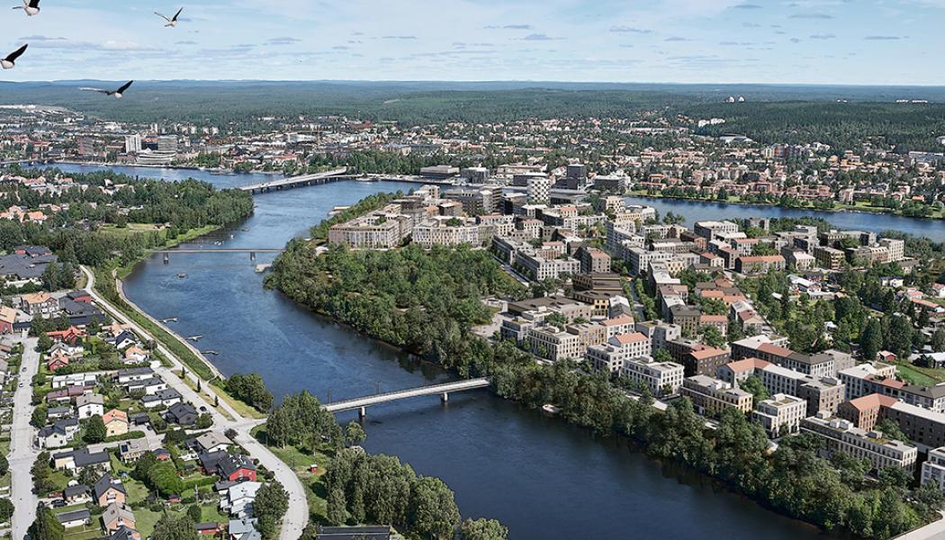 Bilden är en visionsillustration över Norra Ön. Till vänster högst upp skymtar en av de två planerade nya gång- och cykelbroarna. Illustration: SWMS Arkitektur