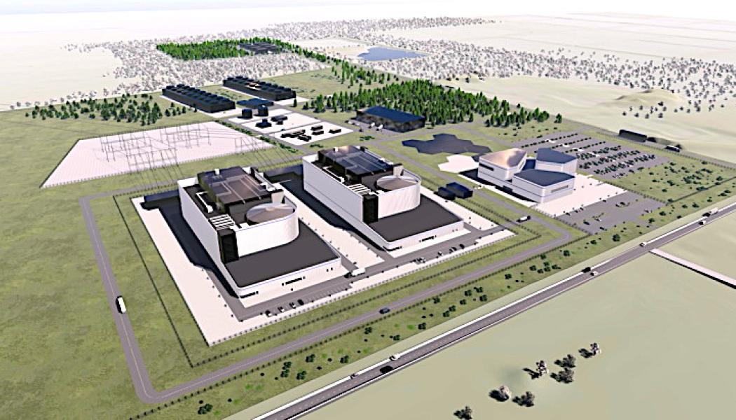 Visualisering av ett kärnkraftverk med två BWRX-300-reaktorer. Bild: Fermi Energia.

