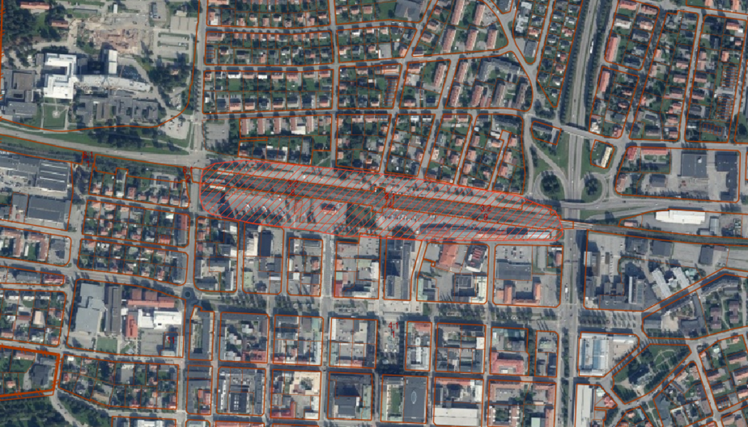 Kartbild som visar planområdet, streckat i rött i mitten. Pressbild: Skellefteå kommun