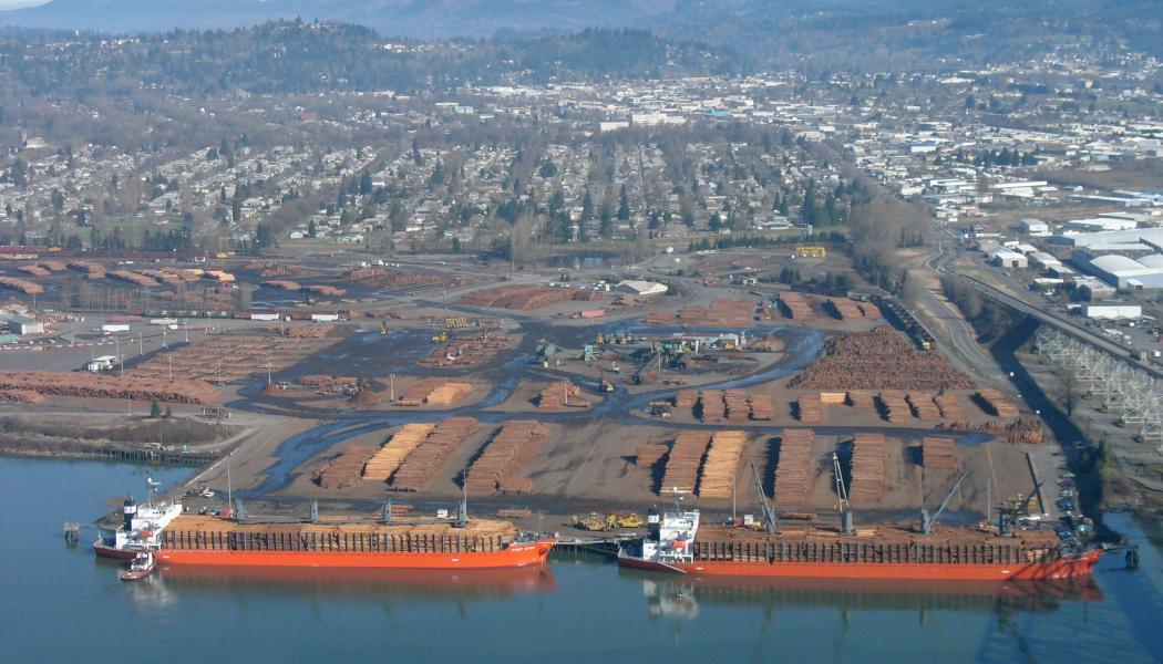 Timber for export in Longview. Photo: Sam Beebe/Wikimedia Commons