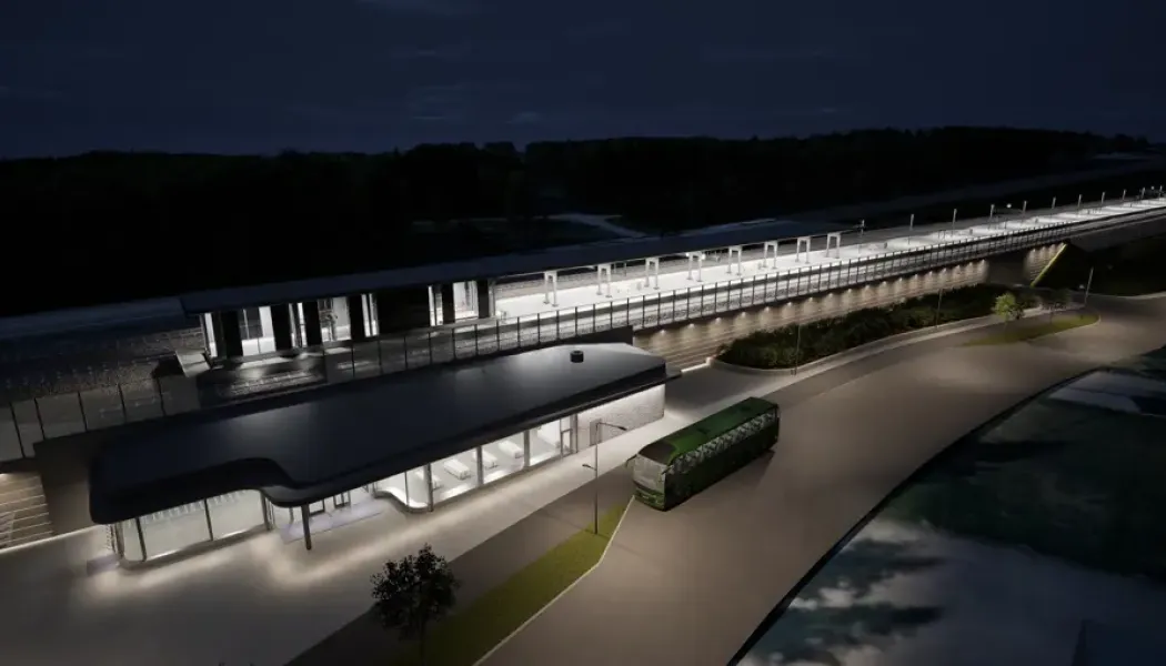 llustration över hur regiontågstationen kan komma att utformas när Norrbotniabanan i Sävar byggs. Bild: Trafikverket