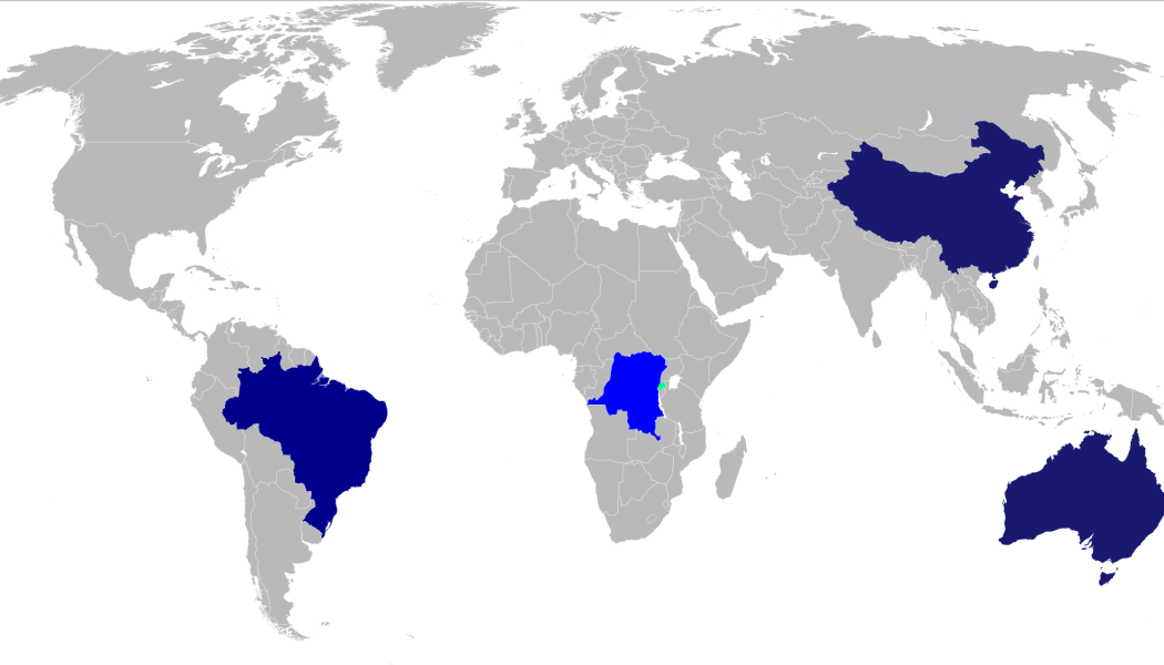 Viktigaste producentländerna av tantal i blått. Karta: Schtone/Wikimedia Commons