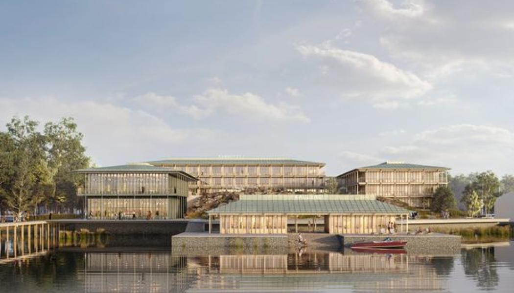 Ett destinationshotell ska stärka Skarholmen som besöksmål. Visionsbilden är ett exempel på hur hotellet skulle kunna se ut. I förgrunden syns även det kallbadhus som planeras. Illustration: Krook & Tjäder