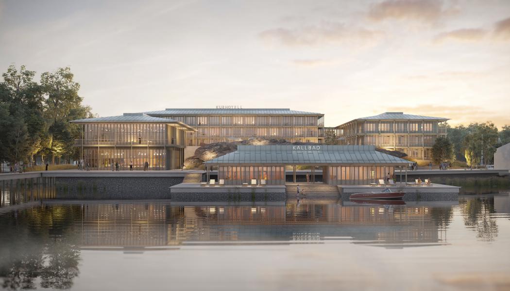 Skarholmen från vattnet, morgon. Ilustration: Krook & Tjäder.