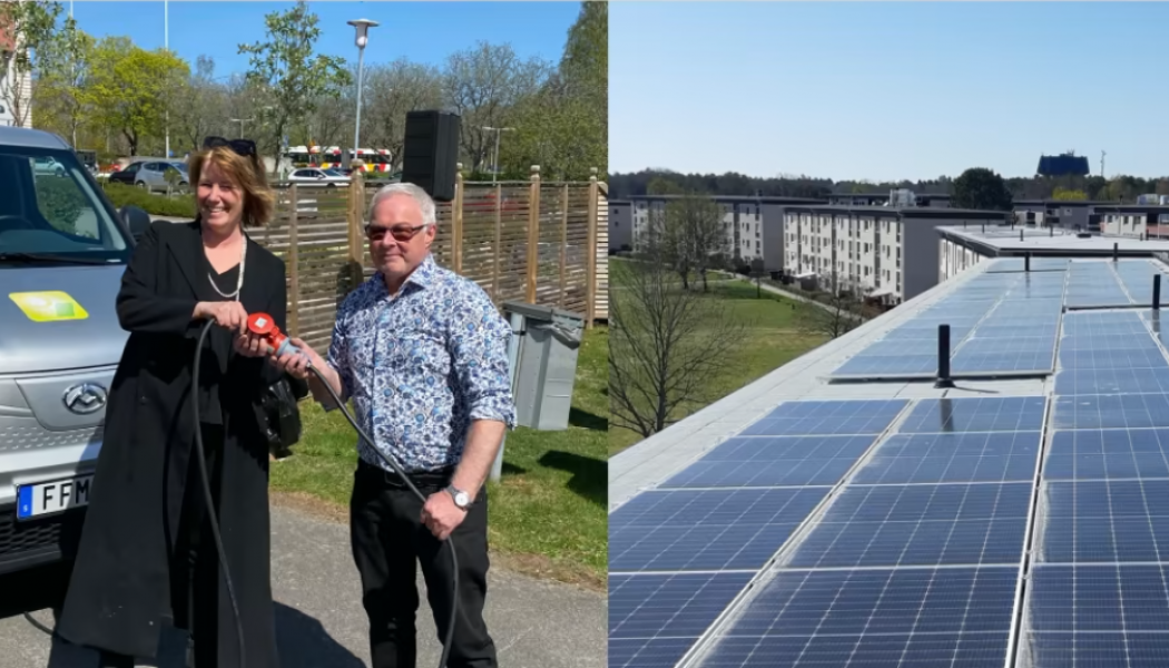 Johanna Frelin, vd Riksbyggen och Håkan Johansson, ordförande i Brf Opalen kopplar symboliskt ihop anläggningen.