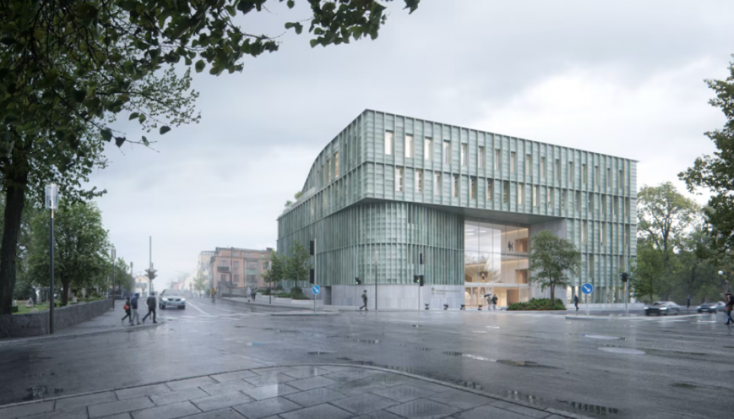 Vänersborgs nya tingsrätt binder samman parken och den äldre kvartersstaden. Illustration: Visulent