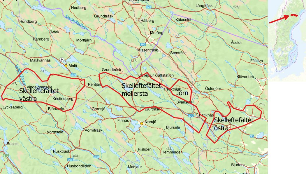 Karta över beslutade områden i Skelleftefältet och tidigare beslutade området Jörn. Karta: SGU