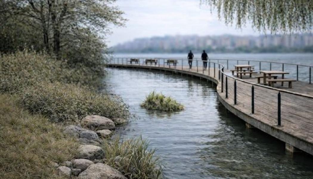 Preliminär skiss på föreslaget bryggdäck för rekreation vid Skärmbassängen. Originalillustration: Rejlers AB. AI bearbetning: Solna stad.