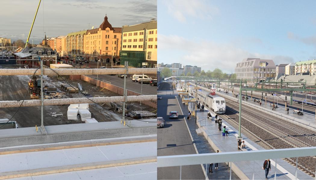 Till vänster syns Karlstad C i december 2024 med vy mot väster från gångbron Trädgårdslänken. Till höger en illustration som visar anläggningen när utbyggnaden är färdig.Foto: Trafikverket/White