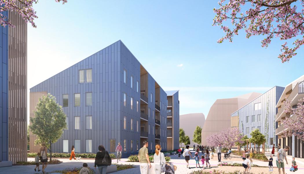 Vy över ÖrebroBostäders hus i den nya framväxande stadsdelen Tamarinden. Illustration: Sweco
