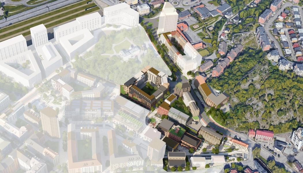 Visisonsbild: MölndalaFastighets AB/TMRW: Här är första etappen markerad som planeras vara klar 2027-2028.