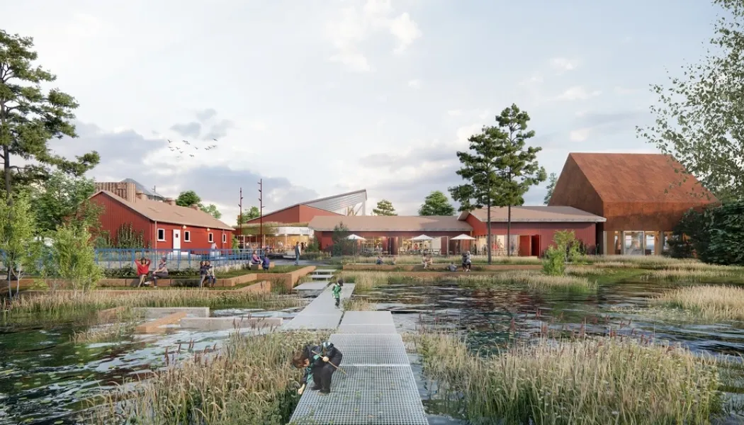 Team VERK-SAMs förslag för reningsverket innefattar bland annat att reningsverkets byggnader och bassänger omvandlas till dagvattenpark. Illustration: ArkDes