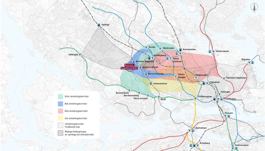 Karta som visar utredningskorridorer samt infrastruktur år 2045, vilket är utgångsläget för lokaliseringsutredningen. Bild: Region Stockholm