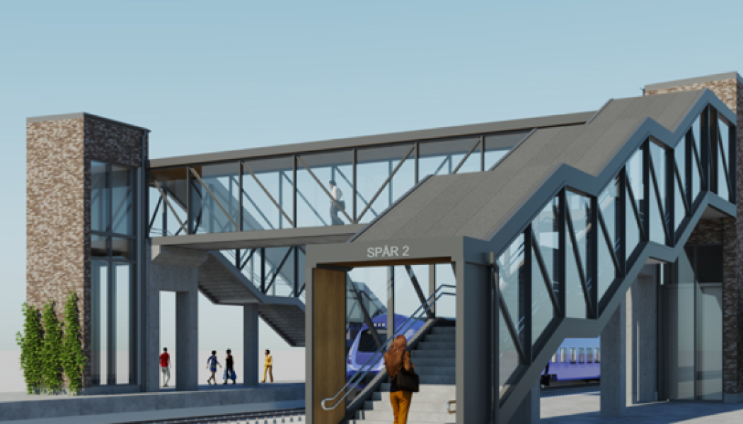 Visionsbild av den gångbro som ska byggas på Gantofta station. Bild: Trafikverket