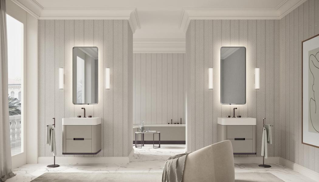 Ovan: underskåp och sidor i matt agatlackerad yta, med formad mittspår och nedre profil i satinborstad svartguld. Pressbild: Vitage