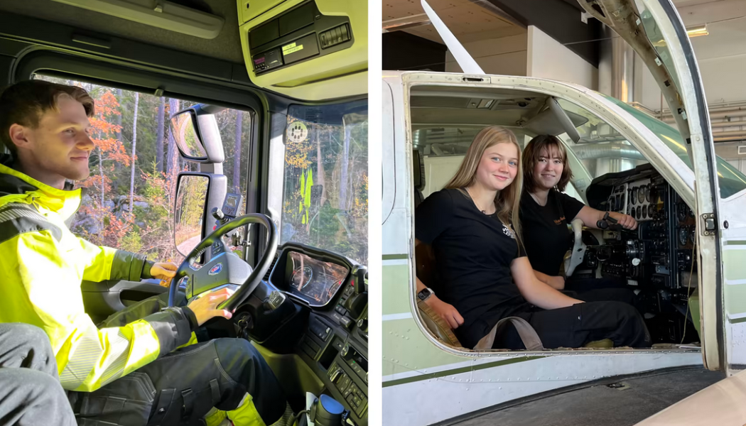 Linus Widén från Alunda är en av TYAs nya ambassadörer, som ska locka fler unga till lastbilsföraryrket. Denise Fernros och Felicia Blom utbildar sig till flygmekaniker på Edströmska gymnasiet i Västerås. Foto: TYA