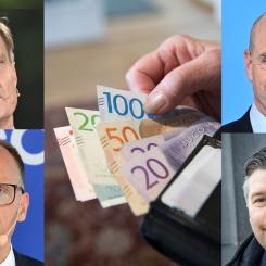 TT: Överst från vänster, Swedbanks vd Jens Henriksson, Michael Green, vd Handelsbanken, Nordeas vd Frank Vang-Jensen och längst ner till höger SEB:s vd Johan Torgeby. Arkivbilder.