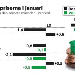 Anders Humlebo/TT: Prisutveckling för bostädsrätter och villor den senaste månaden i procent.