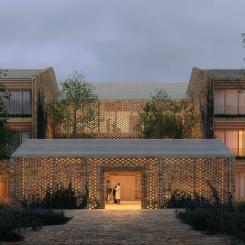 Visualiseringar visar hur Sankt Lukas Hospice byggs som en by i skogsmiljö, med återbrukat tegel och trädgårdsrum mellan byggnaderna. Foto: Bjarke Ingels Group (BIG).