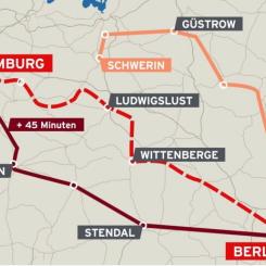 Bra att veta när man semestrar i norra Tyskland. Tågtrafiken på många linjer i delstaterna Hamburg, Schleswig-Holstein, Mecklenburg-Vorpommern, Niedersachsen, Sachsen-Anhalt, Berlin och Brandenburg är kraftigt begränsad under 9 månader. Som ersättning sätts över 170 bussar in på totalt 26 linjer längs hela sträckan mellan Hamburg och Berlin. Enligt Deutsche Bahn rör det sig om "Tysklands hittills största ersättningstrafik" – med delvis avsevärt längre restider. Klicka på krysset i övre vänstra hörnet så ser du hela kartan. Källa: DB