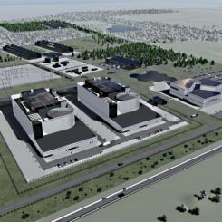 Illustration av två BWRX-300 minikärnreaktorer (Bild: Fermi Energia)