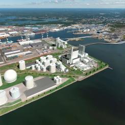 Illustration av TES och CPC Finlands föreslagna projekt för 500 megawatt e-metan i Raumo, Finland. Foto: Hannu Vallas/Raumo hamn