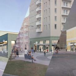 Så här kan entréerna till gula linjens nya stationer se ut; Älvsjö, Östbergahöjden och Årstaberg. Visionsbild: Region Stockholm/&Rundquist