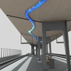 Perrongen i Sävar med Eva Beierheimers ljusverk "Längs Ån". Bild: Trafikverket