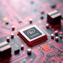 Halvledare. Ill: AI-genererad bild. Ej ett fotografi. Upphovsrätt © Conventus– AI-genererat innehåll. Inget av materialet får reproduceras eller användas i andra sammanhang utan skriftligt medgivande.