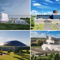 Sammanställning av anbudsgivarnas föreslagna SMR-modeller. Foton: GE Hitachi, Holtec och Westinghouse samt brittiska Rolls-Royce